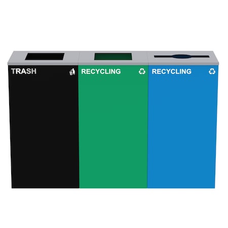 Alpine Industries 87 Gal. 3-Stream Steel Blue Recycling, Green Recycling, and Black Commercial Trash Can Station ALP4450-BLK-KIT26